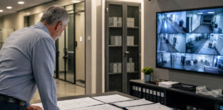 A cannabis operations executive reviews facility plans and compliance records in a secure workspace with surveillance monitors and locked document storage.