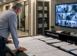 Is Your Medical Cannabis Operation Ready for DEA Registration? A cannabis operations executive reviews facility plans and compliance records in a secure workspace with surveillance monitors and locked document storage.