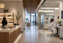 The Next Prescription for Growth A modern interior space transitions from a retail-style reception area to a clinical office, illustrating the shift from cannabis retail to healthcare infrastructure.