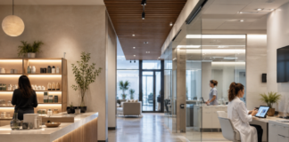 The Next Prescription for Growth A modern interior space transitions from a retail-style reception area to a clinical office, illustrating the shift from cannabis retail to healthcare infrastructure.