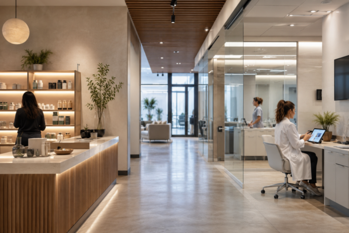 medical cannabis healthcare infrastructure A modern interior space transitions from a retail-style reception area to a clinical office, illustrating the shift from cannabis retail to healthcare infrastructure.
