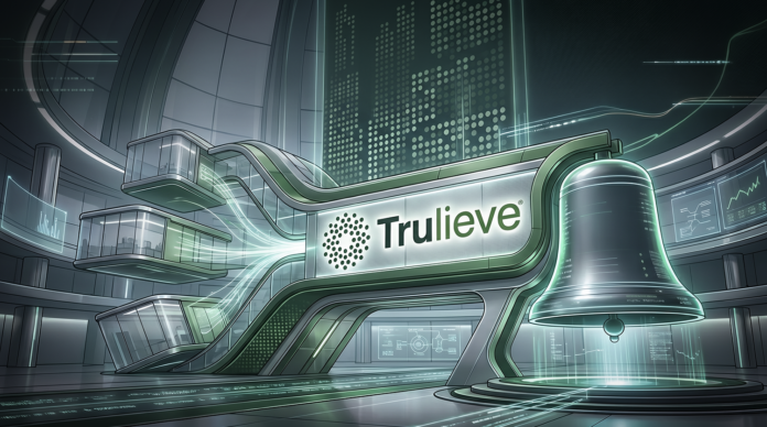 Futuristic illustration of Trulieve's corporate logo and NYSE bell symbolizing the company's approval for a New York Stock Exchange listing following a medical-only business restructuring.
