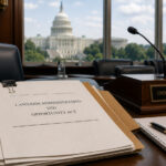 CAOA Returns as Congress Revisits Federal Cannabis Legalization Federal legislative documents and a microphone representing the reintroduction of the Cannabis Administration and Opportunity Act