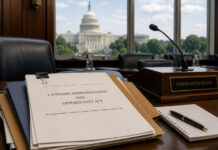 CAOA Returns as Congress Revisits Federal Cannabis Legalization Federal legislative documents and a microphone representing the reintroduction of the Cannabis Administration and Opportunity Act