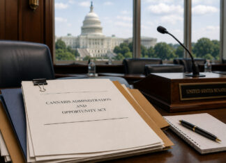 CAOA Returns as Congress Revisits Federal Cannabis Legalization Federal legislative documents and a microphone representing the reintroduction of the Cannabis Administration and Opportunity Act