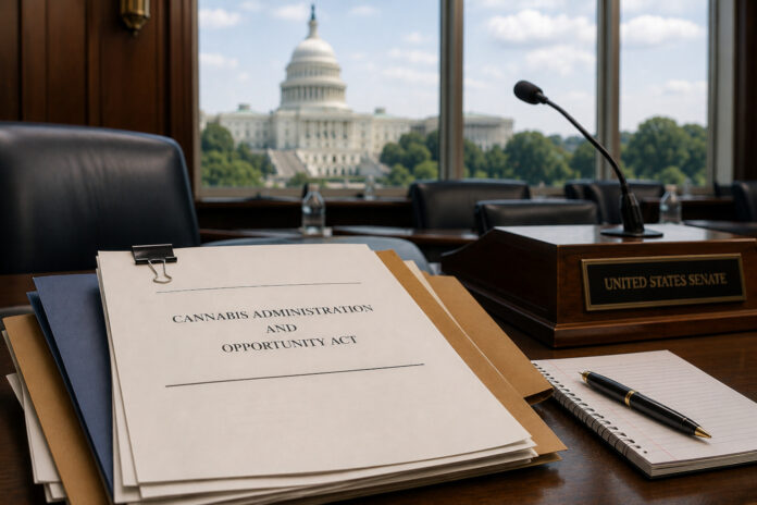 Cannabis Administration and Opportunity Act Federal legislative documents and a microphone representing the reintroduction of the Cannabis Administration and Opportunity Act