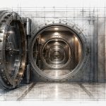 Getting Banked Is Only the Beginning Open bank vault door leading to a corridor of additional vaults overlaid with architectural drawings