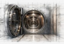 Getting Banked Is Only the Beginning Open bank vault door leading to a corridor of additional vaults overlaid with architectural drawings