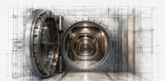 Getting Banked Is Only the Beginning Open bank vault door leading to a corridor of additional vaults overlaid with architectural drawings