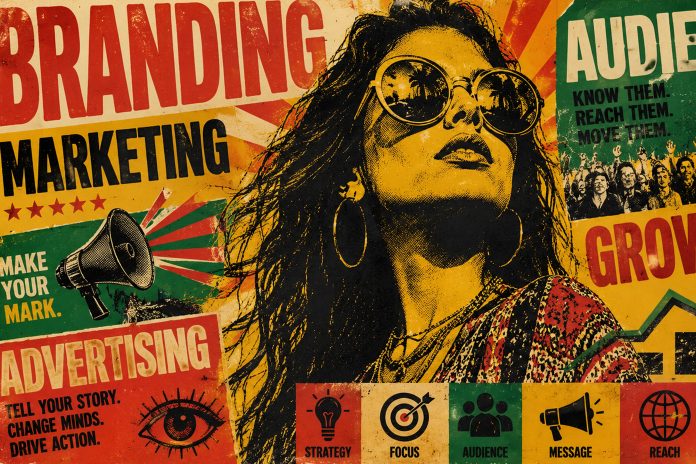 Retro-style illustration of a woman surrounded by cannabis branding, marketing, advertising, audience, strategy, and growth messages.