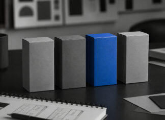 Cannabis Brands Need More Than Legacy, Passion, and Quality A vivid blue product box stands out among several gray boxes on a monochrome branding workspace.