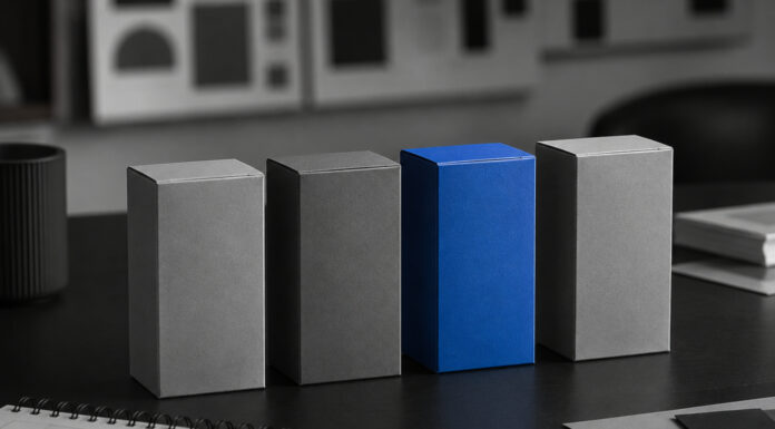 Cannabis Brands Need More Than Legacy, Passion, and Quality A vivid blue product box stands out among several gray boxes on a monochrome branding workspace.