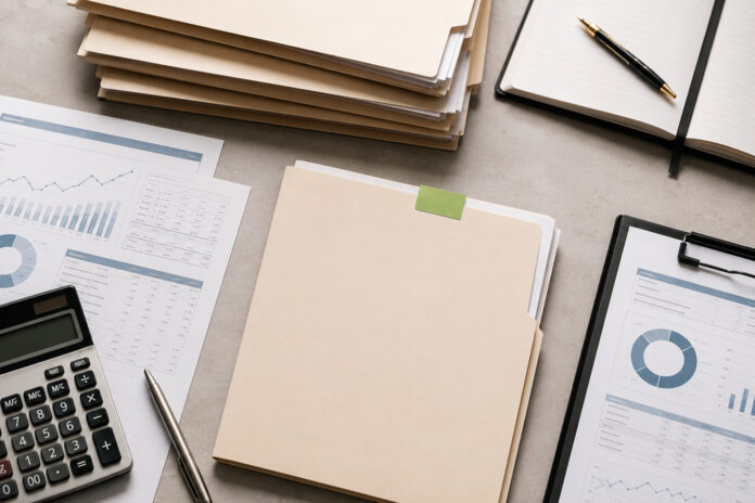 Cannabis Capital Underwriting Review Financial reports, calculator, folders, and a selected deal file arranged for cannabis business underwriting review