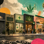 Cannabis Capital Has Changed. Operators Need to Catch Up. Editorial illustration showing cannabis retail evolving from distressed storefronts to modern dispensaries, representing changing investor expectations and the maturation of cannabis capital.