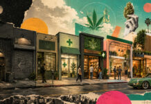 Cannabis Capital Has Changed. Operators Need to Catch Up. Editorial illustration showing cannabis retail evolving from distressed storefronts to modern dispensaries, representing changing investor expectations and the maturation of cannabis capital.