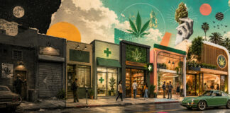 Editorial illustration showing cannabis retail evolving from distressed storefronts to modern dispensaries, representing changing investor expectations and the maturation of cannabis capital.