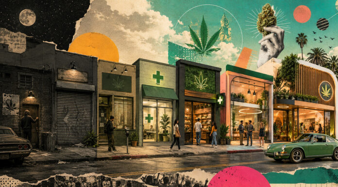 Cannabis Capital Has Changed. Operators Need to Catch Up. Editorial illustration showing cannabis retail evolving from distressed storefronts to modern dispensaries, representing changing investor expectations and the maturation of cannabis capital.