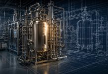 How Cannabis Manufacturers Can Fix Throughput Bottlenecks Extraction equipment shown beside an architectural blueprint of a cannabis manufacturing system