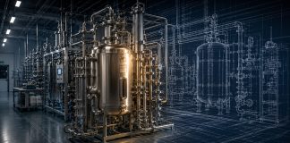 How Cannabis Manufacturers Can Fix Throughput Bottlenecks Extraction equipment shown beside an architectural blueprint of a cannabis manufacturing system