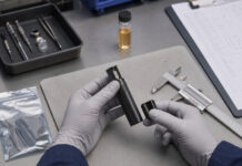 Vape Hardware Failures Cost More than a Replacement Technician inspecting an unbranded vape device at a cannabis hardware quality-control workstation