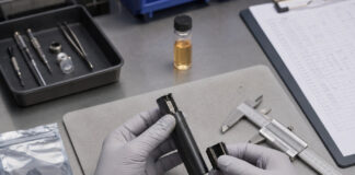 Vape Hardware Failures Cost More than a Replacement Technician inspecting an unbranded vape device at a cannabis hardware quality-control workstation