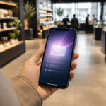 Dispensaries Are Sitting on a Marketing Goldmine A shopper holds a smartphone displaying an email icon while walking through a modern dispensary.