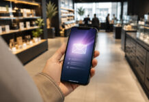 Dispensaries Are Sitting on a Marketing Goldmine A shopper holds a smartphone displaying an email icon while walking through a modern dispensary.