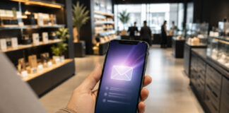 Dispensaries Are Sitting on a Marketing Goldmine A shopper holds a smartphone displaying an email icon while walking through a modern dispensary.