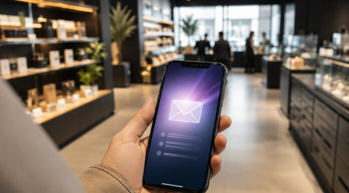 Dispensaries Are Sitting on a Marketing Goldmine A shopper holds a smartphone displaying an email icon while walking through a modern dispensary.