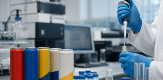 Unlabeled hemp THC beverage cans and liquid samples undergoing potency testing in a laboratory