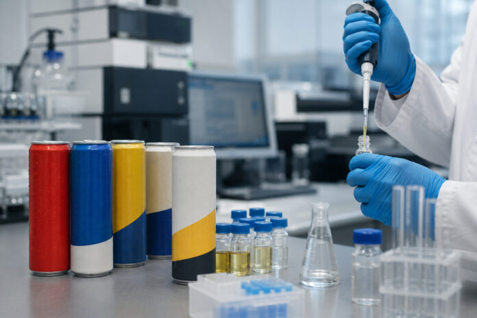 Hemp THC beverage potency testing Unlabeled hemp THC beverage cans and liquid samples undergoing potency testing in a laboratory
