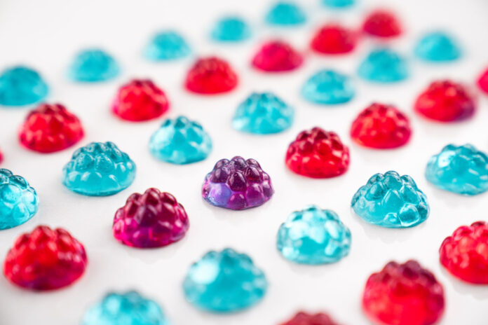 natural blue, red, and purple gummies Vivid blue, red, and purple gummies made with natural color formulations.