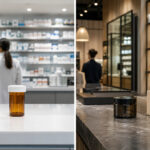Opinion: The Coming Divide Between Pharma THC and Retail Cannabis Split-screen comparison of a pharmacy prescription counter and a modern cannabis dispensary retail counter, illustrating the potential divide between pharmaceutical THC and retail cannabis.