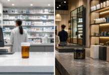Opinion: The Coming Divide Between Pharma THC and Retail Cannabis Split-screen comparison of a pharmacy prescription counter and a modern cannabis dispensary retail counter, illustrating the potential divide between pharmaceutical THC and retail cannabis.