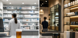 Split-screen comparison of a pharmacy prescription counter and a modern cannabis dispensary retail counter, illustrating the potential divide between pharmaceutical THC and retail cannabis.