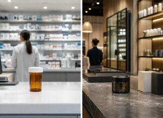 Opinion: The Coming Divide Between Pharma THC and Retail Cannabis Split-screen comparison of a pharmacy prescription counter and a modern cannabis dispensary retail counter, illustrating the potential divide between pharmaceutical THC and retail cannabis.
