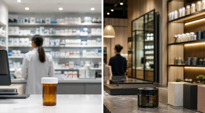 Opinion: The Coming Divide Between Pharma THC and Retail Cannabis Split-screen comparison of a pharmacy prescription counter and a modern cannabis dispensary retail counter, illustrating the potential divide between pharmaceutical THC and retail cannabis.