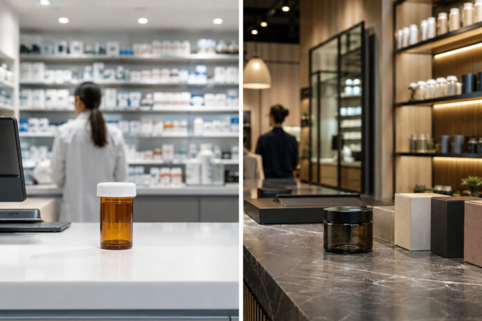 Pharmaceutical THC and Retail Cannabis Market Split Split-screen comparison of a pharmacy prescription counter and a modern cannabis dispensary retail counter, illustrating the potential divide between pharmaceutical THC and retail cannabis.