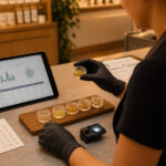 What’s Driving Demand for Premium Cannabis Concentrates? Dispensary employee comparing cannabis concentrates and batch lab information at a retail counter.