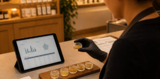Dispensary employee comparing cannabis concentrates and batch lab information at a retail counter.