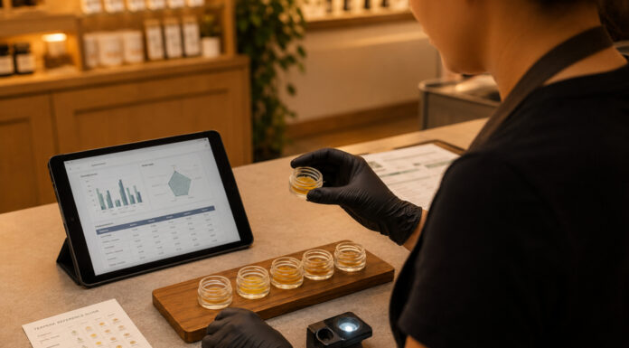 What’s Driving Demand for Premium Cannabis Concentrates? Dispensary employee comparing cannabis concentrates and batch lab information at a retail counter.