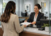 SAFE Banking Is Back. What Cannabis Operators Should Watch Business owner hands paperwork to a bank employee at a service counter.