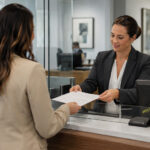 SAFE Banking Is Back. What Cannabis Operators Should Watch Business owner hands paperwork to a bank employee at a service counter.