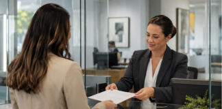 Business owner hands paperwork to a bank employee at a service counter.