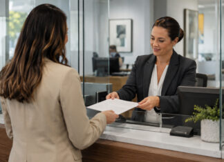 SAFE Banking Is Back. What Cannabis Operators Should Watch Business owner hands paperwork to a bank employee at a service counter.