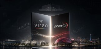 Vireo’s Planet 13 Deal Is about More than Store Count Vireo Growth and Planet 13 logos above cultivation facilities and the Las Vegas superstore in an illustration of the proposed acquisition.