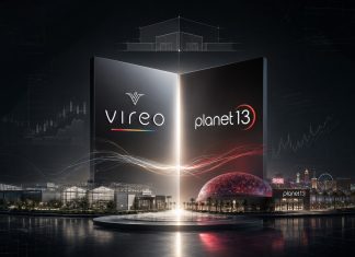 Vireo’s Planet 13 Deal Is about More than Store Count Vireo Growth and Planet 13 logos above cultivation facilities and the Las Vegas superstore in an illustration of the proposed acquisition.