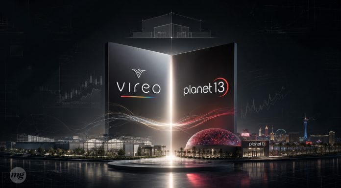 Vireo’s Planet 13 Deal Is about More than Store Count Vireo Growth and Planet 13 logos above cultivation facilities and the Las Vegas superstore in an illustration of the proposed acquisition.