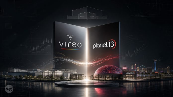 Proposed Vireo Growth Acquisition of Planet 13 Vireo Growth and Planet 13 logos above cultivation facilities and the Las Vegas superstore in an illustration of the proposed acquisition.