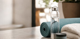 Wellness items arranged beside an unbranded product container, representing consumers who use cannabis as part of functional lifestyle routines.